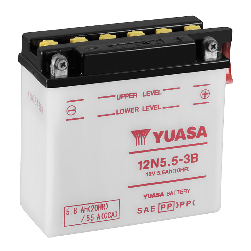 BATTERIE 12V  5,5 Ah 12N5.5-3B YUASA CONVENTIONNELLE AVEC ENTRETIEN  (Lg135xL60xH130mm)