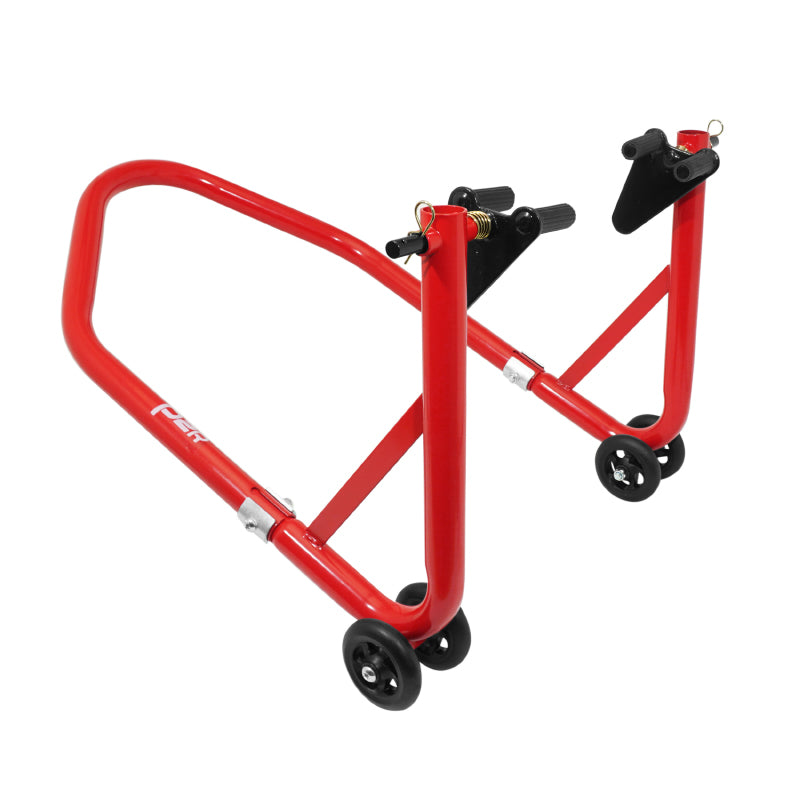 LEVE-BEQUILLE STAND MOTO P2R AVANT UNIVERSEL ACIER ROUGE AVEC SUPPORT ROULEAUX CAOUTCHOUC