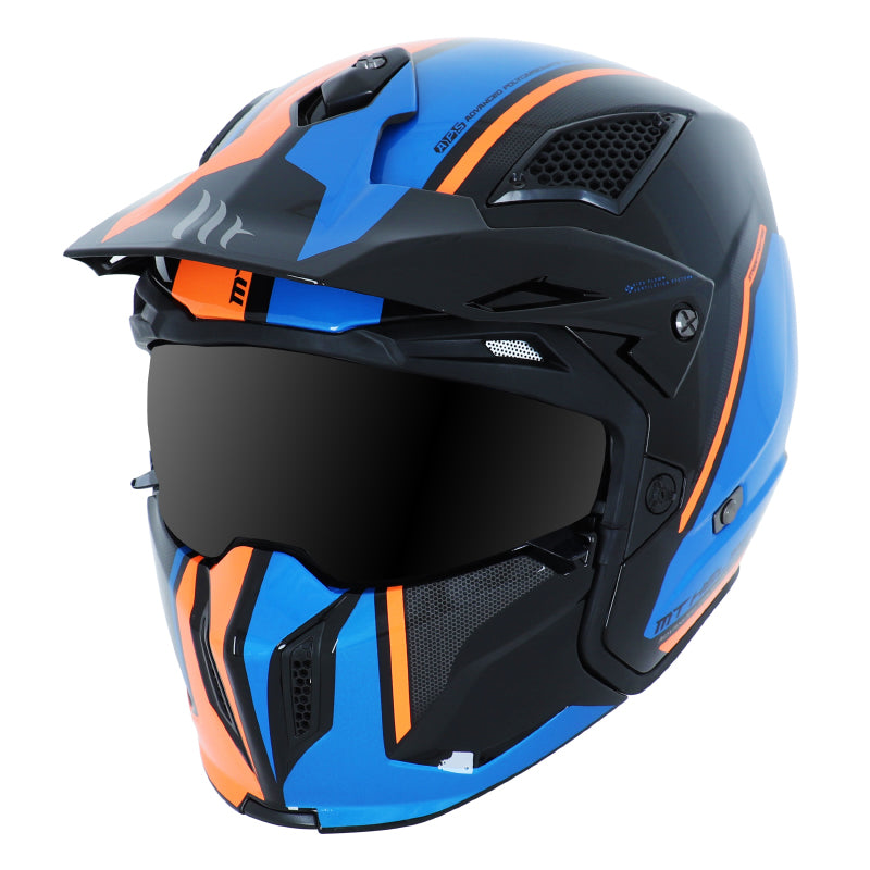 CASQUE TRIAL MT STREETFIGHTER SV TWIN NOIR-BLEU-ORANGE BRILLANT   S  SIMPLE ECRAN DARK TRANSFORMABLE AVEC MENTONNIERE AMOVIBLE (LIVRE AVEC UN ECRAN SUPPLEMENTAIRE ORANGE)