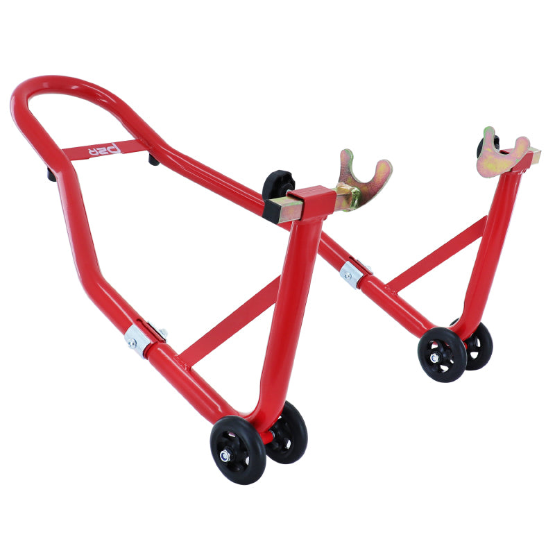 LEVE-BEQUILLE MOTO STAND P2R ARRIERE UNIVERSEL RENFORCE ACIER ROUGE AVEC SUPPORT EN V (LONG 800mm - LARG 500mm - HAUT 330mm)