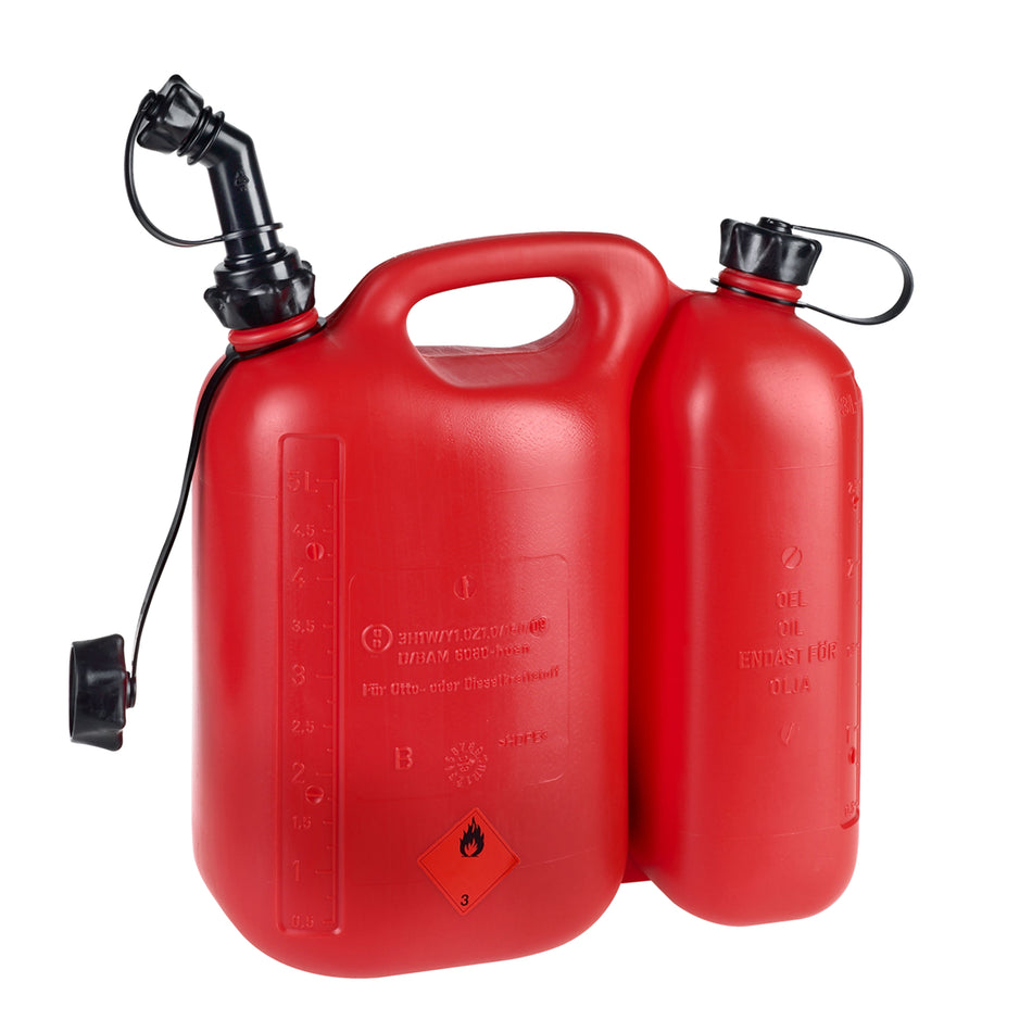 JERRYCAN-PRESSOL BENZINEKAN IN POLYETHYLEEN DUBBEL COMPARTIMENT 5L + 3L ROOD MET FLEXIBELE TUIT