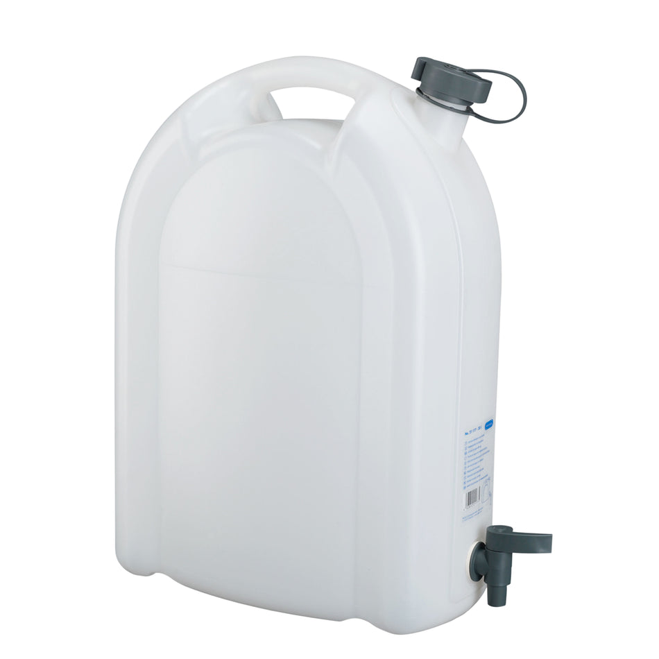 JERRYCAN-PRESSOL WATERFLES IN TRANSPARANT POLYETHYLEEN MET DOP EN KRAAN 20L