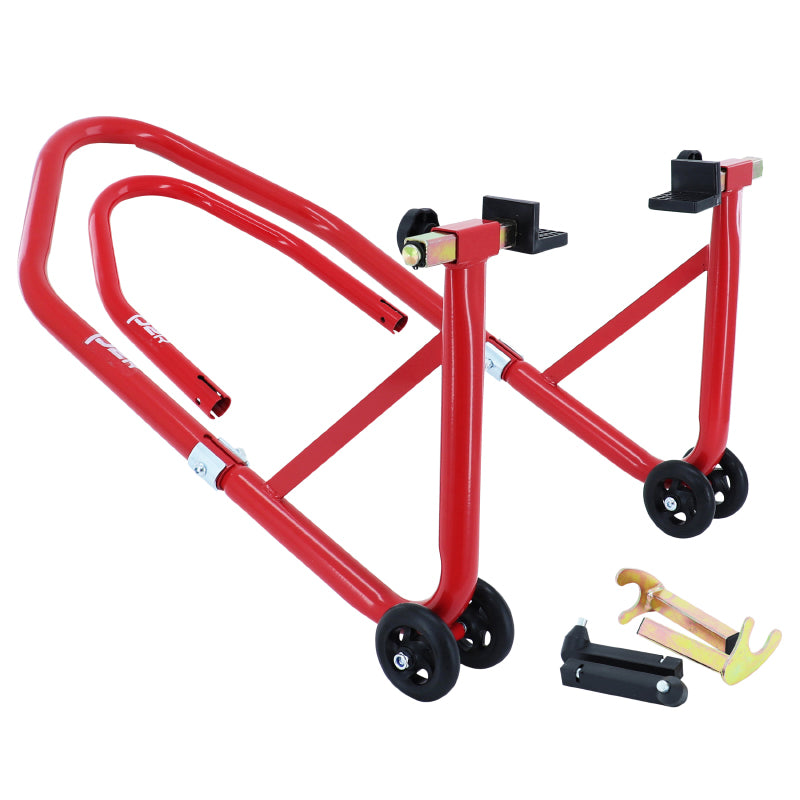 LEVE-BEQUILLE MOTO STAND P2R ARRIERE + AVANT UNIVERSEL ACIER ROUGE (CHARGE MAXI 250 kg)