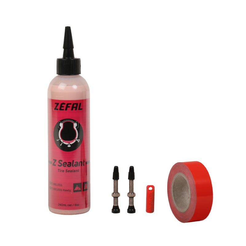 KIT CONVERSION AVEC PREVENTIF ZEFAL Z-SEALANT DE TUBETYPE EN TUBELESS (240ml) AVEC FOND DE JANTE ADHESIF 9m x 36mm ET 2 VALVES TUBELESS PRESTA 40mm