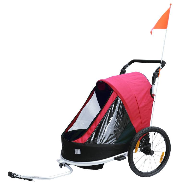 CHILDREN'S BICYCLE TRAILER - 2-SEATER COVERED STROLLER IN ALUMINUM MAX 36Kg RED COLOR WITH 20" WHEELS - WHEEL AXLE FIXATION - DELIVERED WITH FRONT WHEEL AND BRAKE HANDLE - FOLDABLE WITHOUT TOOLS - L0.80m x W0.70m