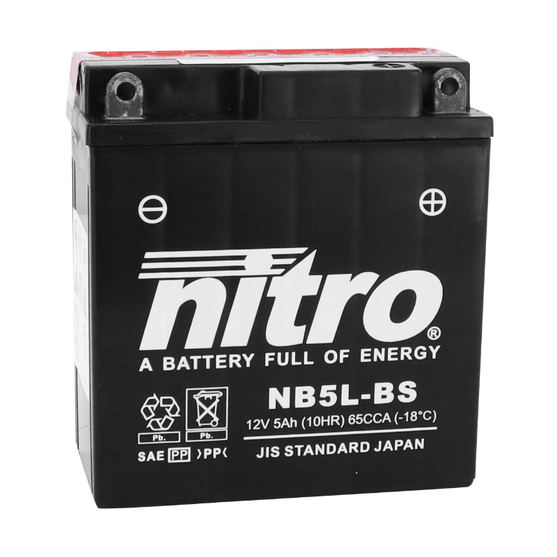 BATTERIE 12V  5 Ah NB5L-BS NITRO MF SANS ENTRETIEN AVEC PACK ACIDE  (Lg120xL60xH130mm) (EQUIVALENT YB5L-BS)