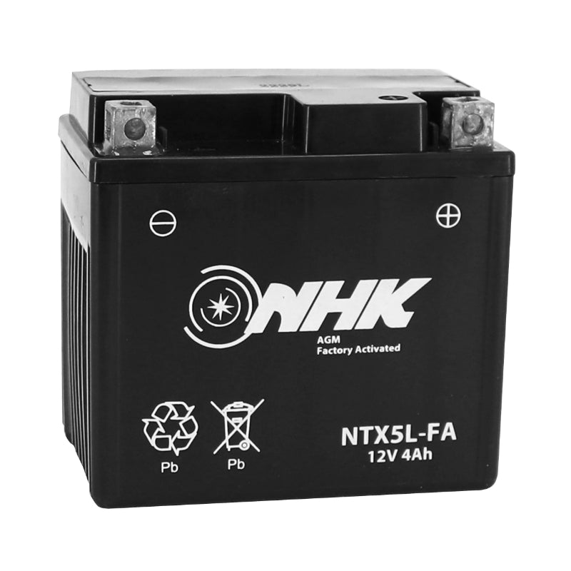 BATTERIE 12V  4 Ah NTX5L NHK FA SANS ENTRETIEN PRETE A L'EMPLOI (Lg115xL72xH107mm) (ACTIVEE EN USINE - QUALITE PREMIUM - EQUIVALENT YTX5L-BS)