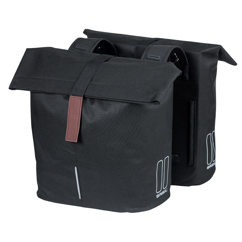 SACOCHE ARRIERE VELO DOUBLE BASIL CITY NOIR 28-32L FIXATION VELCROS SUR PORTE BAGAGE (30x18x49cm) FERMETURE PLIANT ANTI-PLUIE