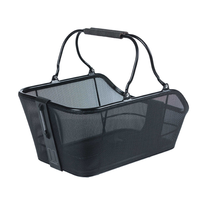 PANIER ARRIERE ACIER NID ABEILLE BASIL CENTO TECH NOIR SYSTEME MIK SUR PORTE BAGAGE IDEAL POUR E-BIKE-VAE (L46xl34xH25cm) AVEC ECLAIRAGE LED