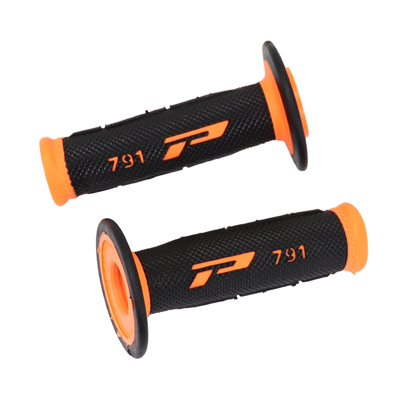 REVETEMENT POIGNEE PROGRIP MOTO OFF ROAD 791 DOUBLE DENSITE BASE FLUO ORANGE FLUO-NOIR CLOSED END 115mm (CROSS-MX) (PAIRE)