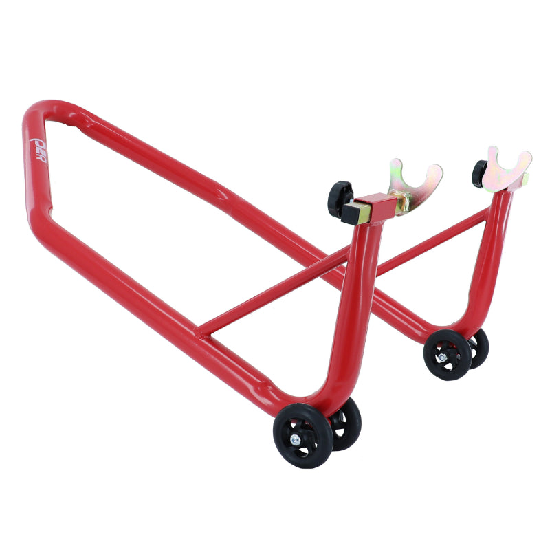 LEVE-BEQUILLE STAND MOTO P2R ARRIERE UNIVERSEL MONOBLOC ACIER ROUGE AVEC SUPPORT EN V (TUBE DIAM 38 mm) (CHARGE MAXI 295 kg)