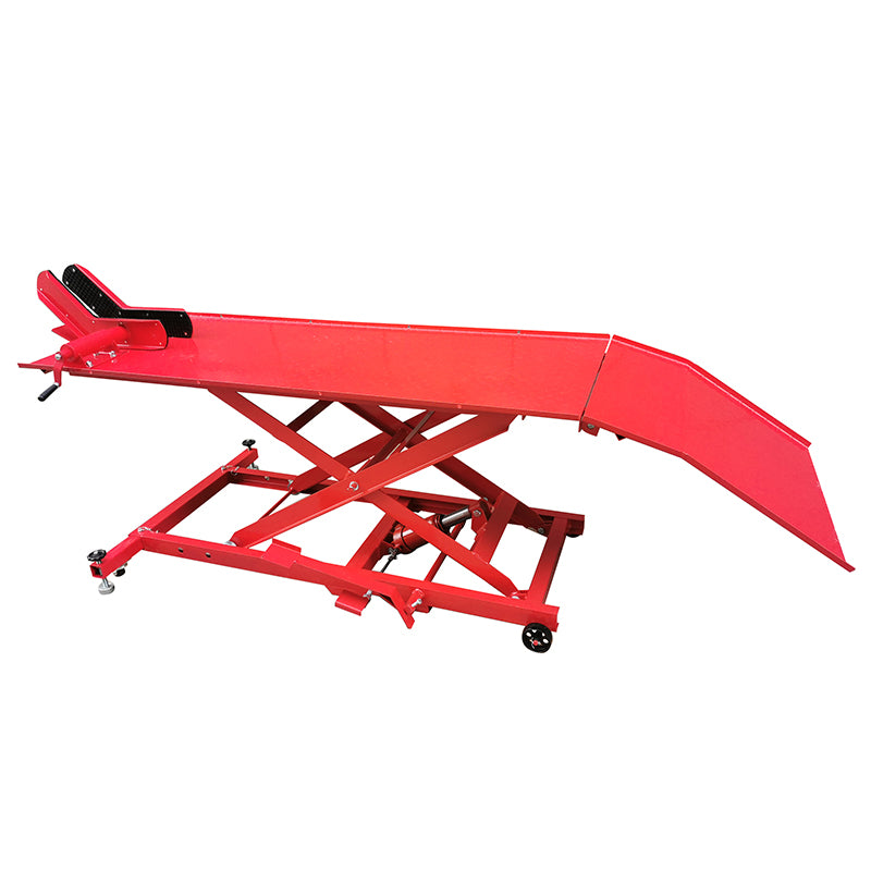 PONT-TABLE ELEVATEUR-ELEVATRICE MOTO UNIVERSEL ACIER ROUGE PLATEAU 180x60 cm HAUTEUR MINI 21 CM - HAUTEUR MAXI 71 cm (CHARGE MAXI 450 kg)