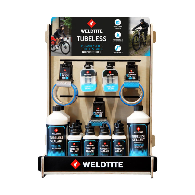 PRESENTOIR PLV WELDTITE BOIS TUBELESS COMPLET (4x 1L PREVENTIF TUBELESS - 8x 240ml PREVENTIF TUBELESS - 12 KITS DE 2 VALVES TUBELESS - 7 FOND JANTE TUBELESS VTT - 4 FOND JANTE TUBELESS ROUTE)