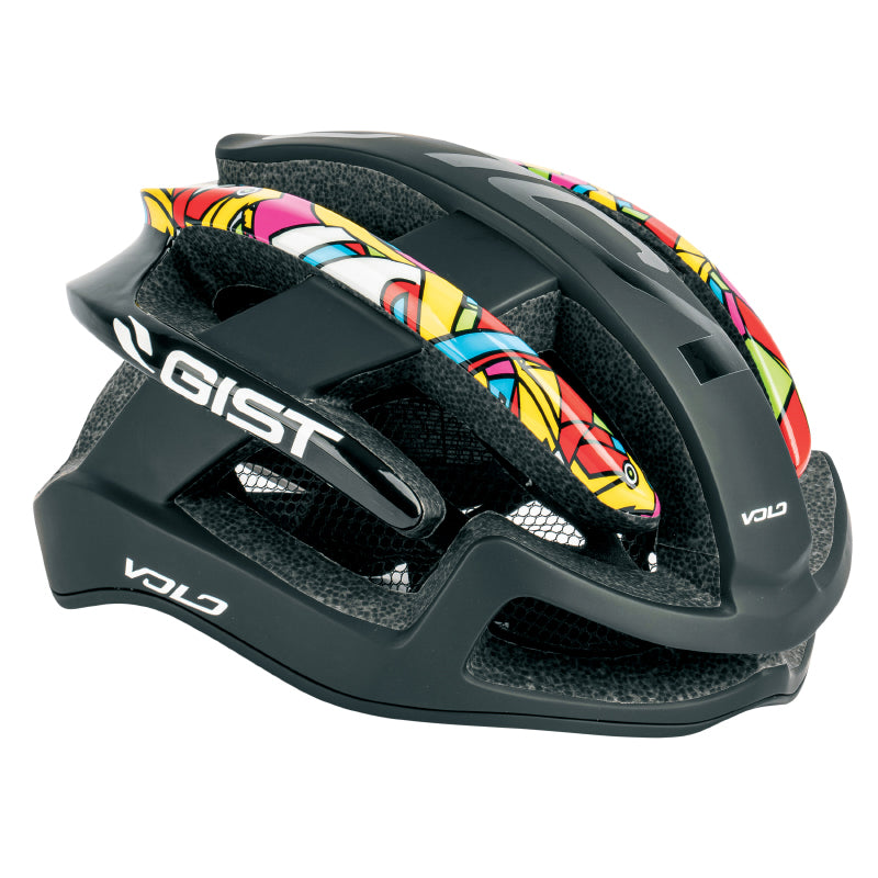 CASQUE VELO ADULTE GIST ROUTE VOLO NOIR MAT-POP ART FULL IN-MOLD TAILLE 56-62 REGLAGE MOLETTE 210GRS