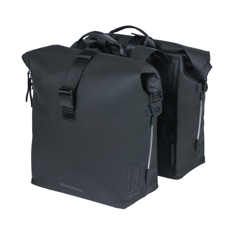 BASIL SOHO 41L BLACK DOUBLE BICYCLE REAR BAG VELCRO MOUNTING ON LUGGAGE RACK (31x12x37cm) WITH LED LIGHTING