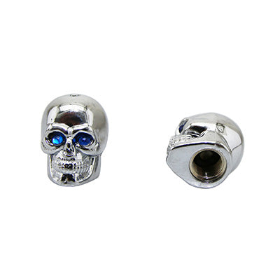 BOUCHON DE VALVE SCOOT-CYCLO REPLAY VS TETE DE MORT CHROME YEUX BLEU  (PAIRE)