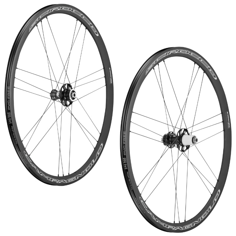 ROUES ROUTE DISQUE 700 CAMPAGNOLO SCIROCCO TUBELESS READY CENTERLOCK NOIR  CASSETTE CAMPA 12-11-10V POUR AXE TRAVERSANT ET BLOCAGE RAPIDE (PAIRE) 18-21 RAYONS JANTE 17C