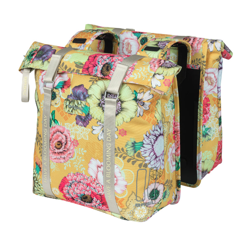 BASIL BLOOM FIELD 28-35L DOUBLE BICYCLE REAR BAG HONEY YELLOW SPRING HOOK MOUNTING (30x15x33cm)