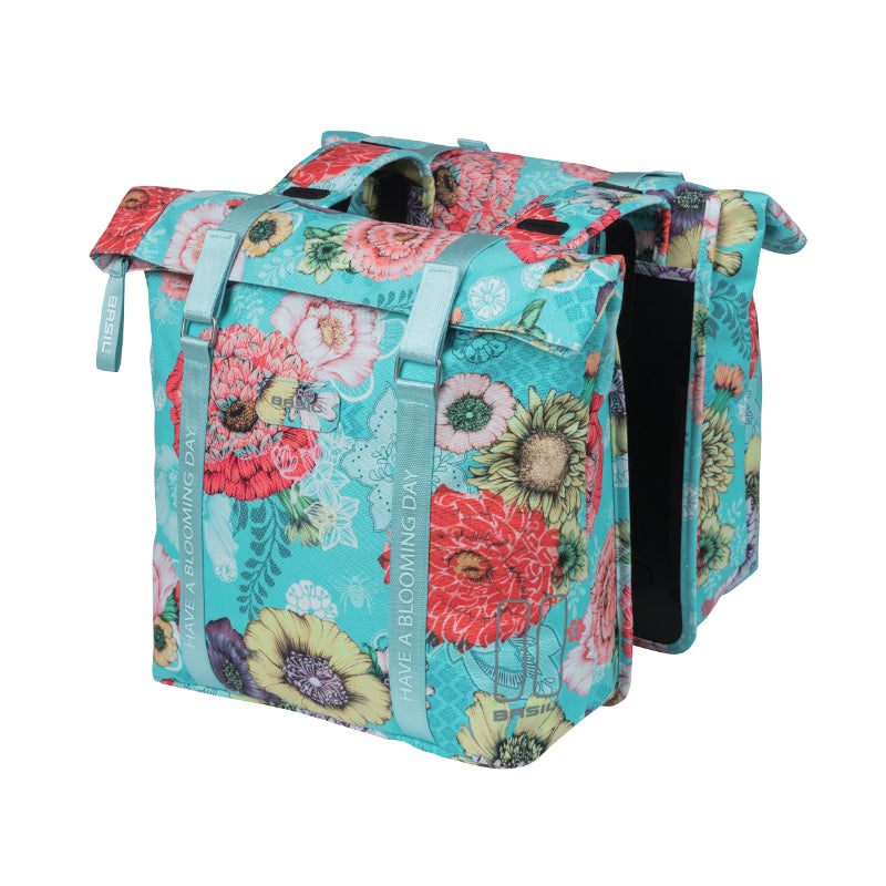 BASIL BLOOM FIELD DOUBLE BICYCLE REAR BAG 28-35L LIGHT BLUE SPRING HOOK MOUNTING (30x15x33cm)