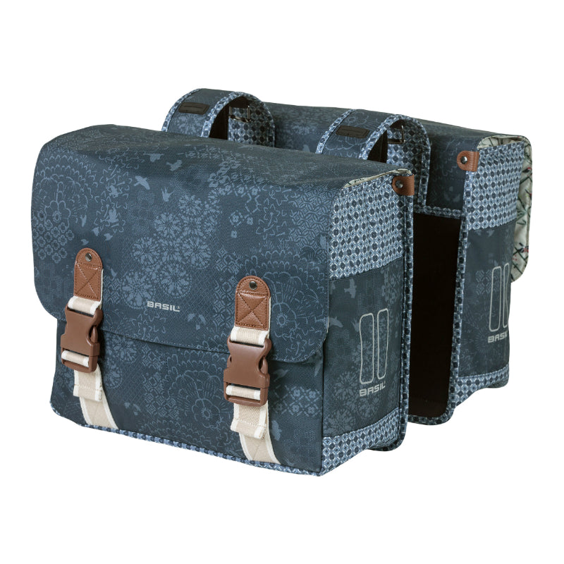 BASIL BOHEME DOUBLE REAR BICYCLE BAG 35L INDIGO BLUE VELCRO MOUNTING ON LUGGAGE RACK (37x15x37cm)