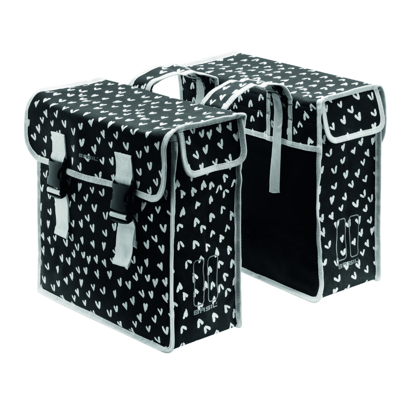 BASIL MARA XL 35L DOUBLE BICYCLE REAR BAG BLACK WITH WHITE HEARTS (43x14x36cm)