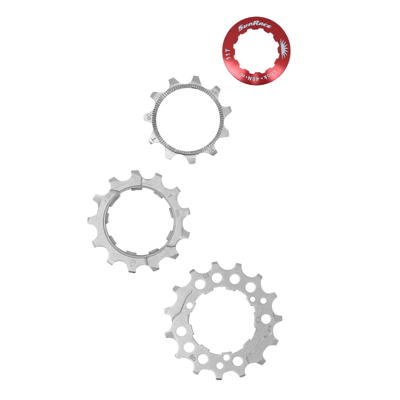 KIT 3 SUNRACE SPROCKET FOR 10V CASSETTE. 11-13-15 METALLIC SILVER WITH LOCK NUT