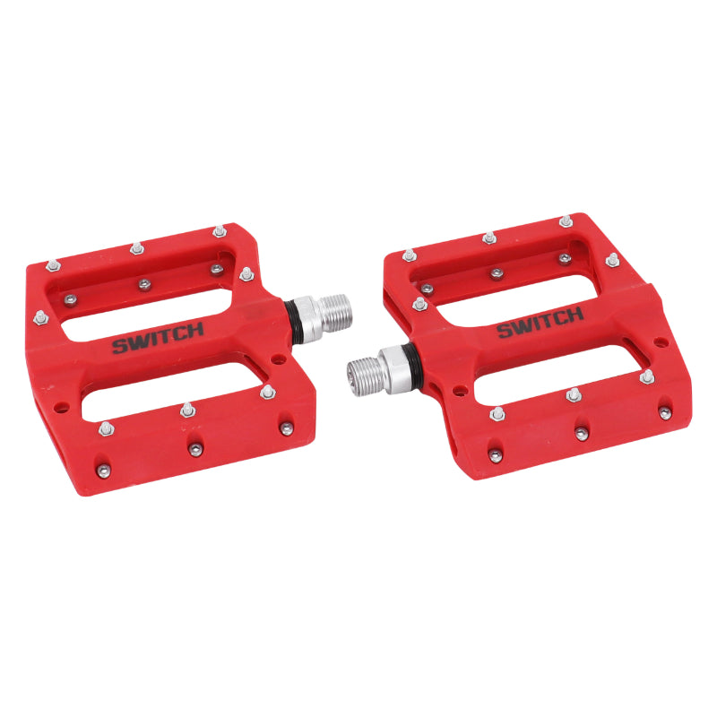 PEDALE VTT PLATEFORME DESCENTE - BMX SWITCH JUMP RESINE ROUGE FILETAGE 9-16 AVEC PICOTS ARGENT (PAIRE)