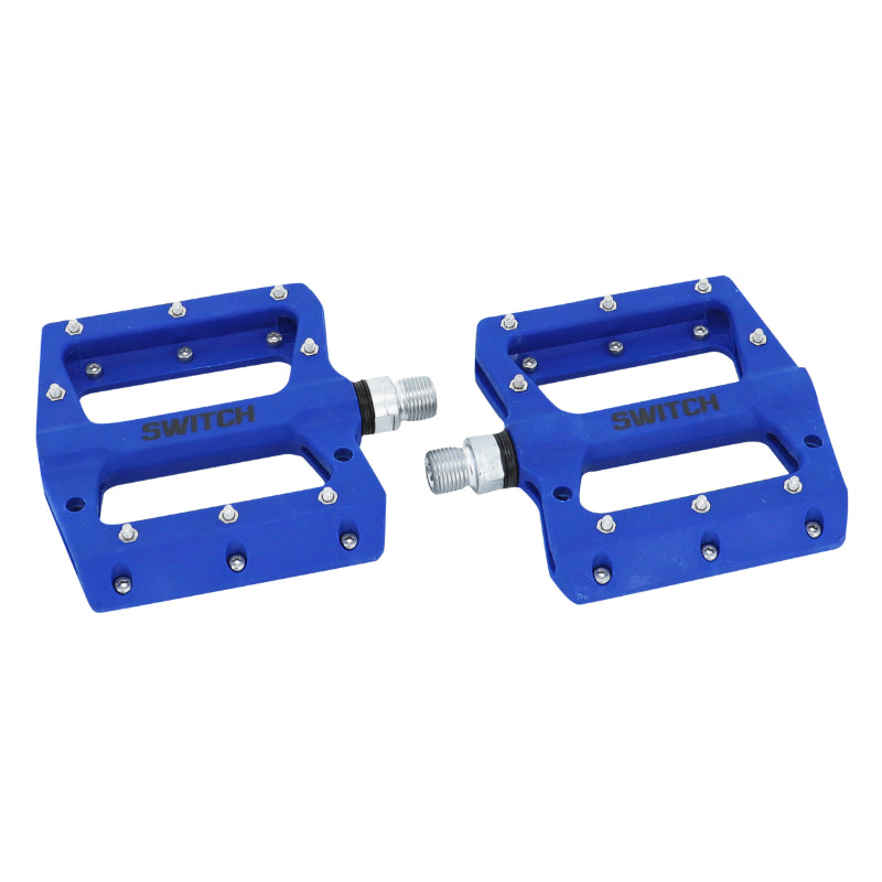 PEDALE VTT PLATEFORME DESCENTE - BMX SWITCH JUMP RESINE BLEU FILETAGE 9-16 AVEC PICOTS ARGENT (PAIRE)