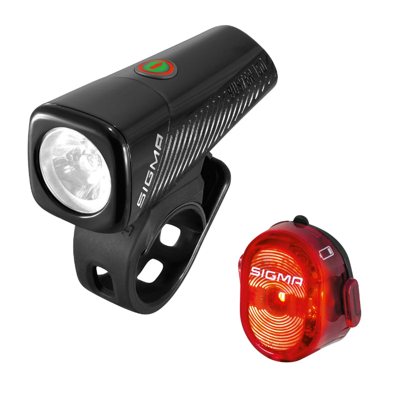 USB FIETSVERLICHTING KIT SIGMA BUSTER 150 LUMEN -NUGGET II FLASH (AUTONOMIE voor 14H - achter 8H) ZWART - PAST DE VERLICHTING AAN VOLGENS HELDERHEID