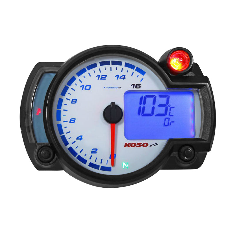 KOSO RX2NR BLACK REV COUNTER 0 TO 16,000 REVS + THERMOMETER AND SHIFTLIGHT (100.7x135.7x52mm)