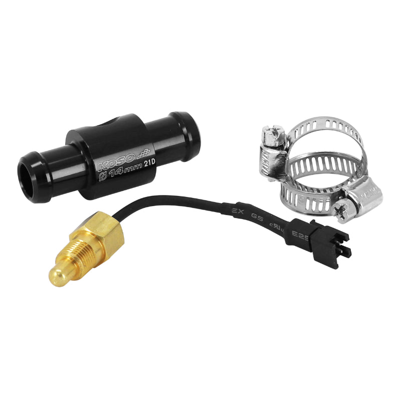 KOSO COOLANT HOSE ADAPTER-FITTING WITH TEMPERATURE SENSOR FOR 14mm HOSE BLACK