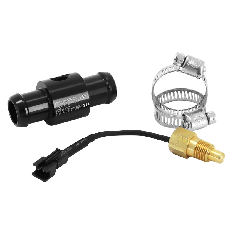 KOSO COOLANT HOSE ADAPTER-FITTING WITH TEMPERATURE SENSOR FOR 16mm HOSE BLACK