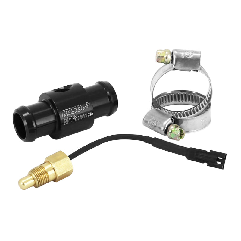 KOSO COOLANT HOSE ADAPTER-FITTING WITH TEMPERATURE SENSOR FOR 18mm HOSE BLACK