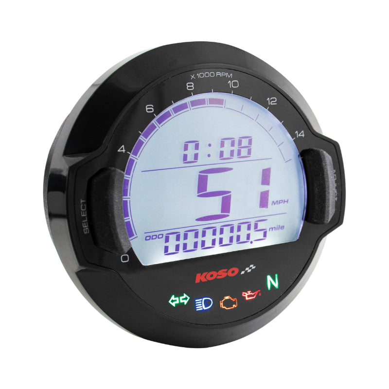 COMPTEUR KOSO DIGITAL D64 DL-03SR MULTIFONCTIONS (COMPTEUR DE VITESSE,COMPTE-TOUR 15000 TRS-MIN,KILOMETRAGE,JAUGE ESSENCE,HORLOGE,VOYANTS POINT MORT-NIVEAU D'HUILE-PLEIN PHARE-CLIGNOTANT)