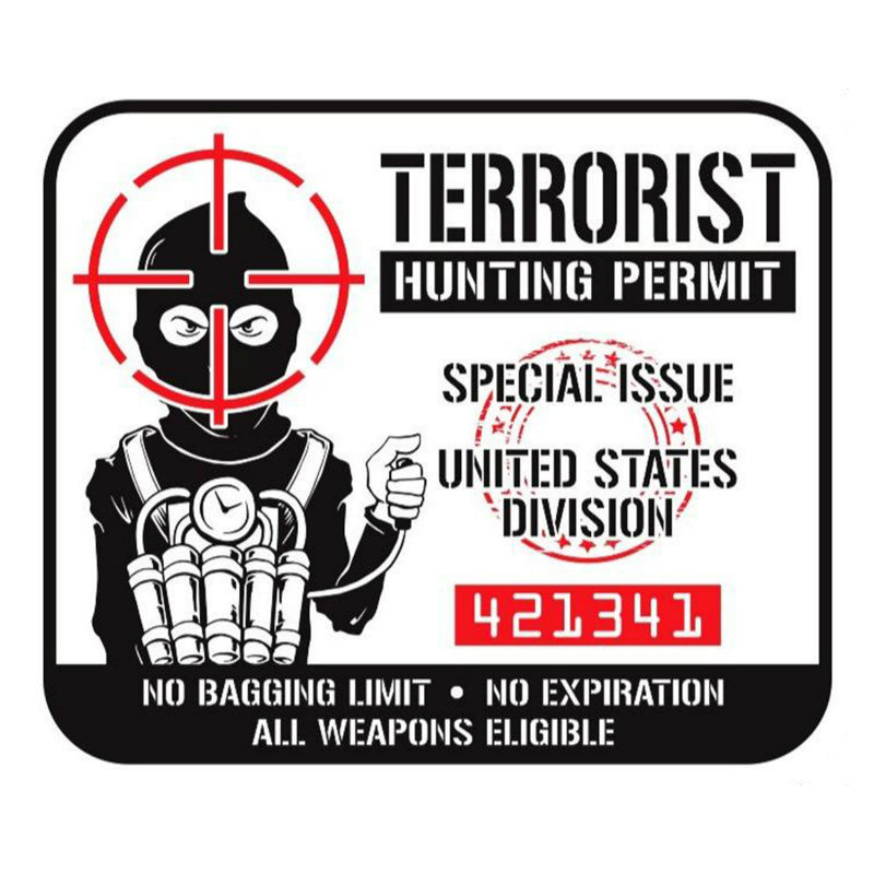 AUTOCOLLANT-STICKER LETHAL THREAT MINI TERRORIST HUNTING PERMIT (60x80mm)