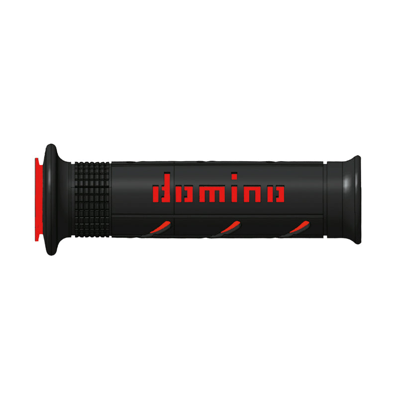 REVETEMENT POIGNEE DOMINO MOTO ON ROAD A250 NOIR-ROUGE OPEN END 120-125mm (PAIRE)