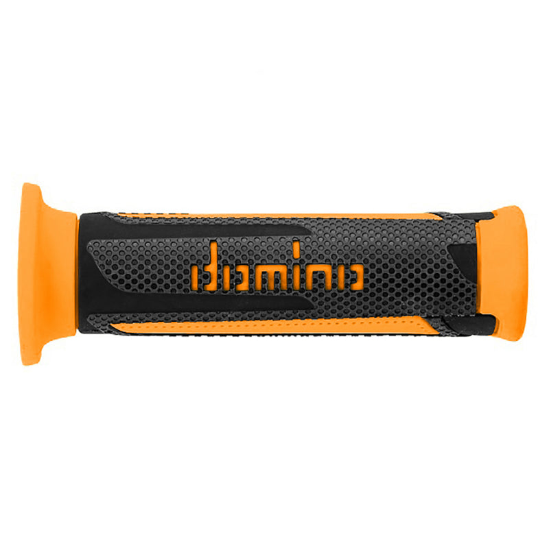 REVETEMENT POIGNEE DOMINO MOTO ON ROAD A350 GRIS ANTHRACITE-ORANGE OPEN END 120mm (PAIRE)