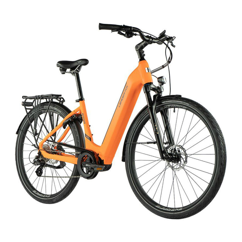 ELEKTRISCHE FIETS-VAE CITY 28 LEADER FOX SAGA 2023 GEMENGD NEON ORANJE 8V CENTRALE MOTOR BAFANG M300 36V 80Nm 15Ah BATTERIJ (16.5'' - H43cm - MAAT S - VOOR VOLWASSENEN VAN 158cm tot 168cm)