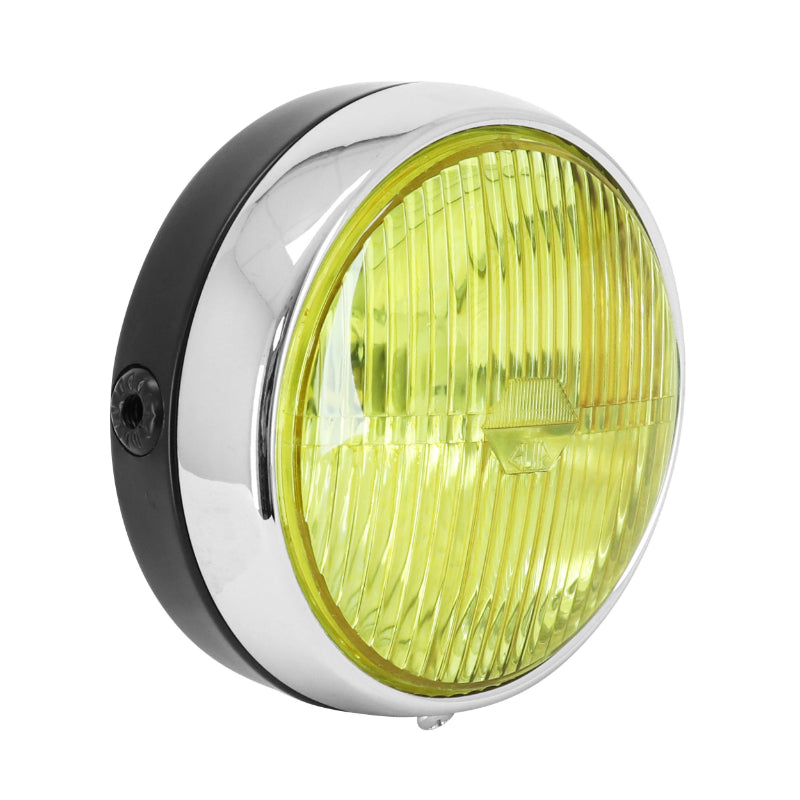 PHARE-PROJECTEUR CYCLO UNIVERSEL ROND NOIR ENTOURAGE CHROME VITRE JAUNE DIAM 140 mm (AMPOULE BA20D)  -SELECTION P2R-