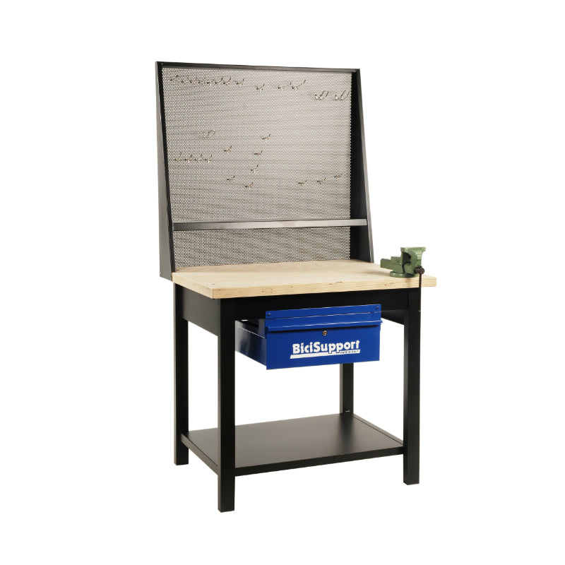 PROFESSIONELE WERKPLAATS WERKBANK 1M (METALEN PLANK MET GEREEDSCHAPHAAK, LADE, bankschroef) -BICISUPPORT-