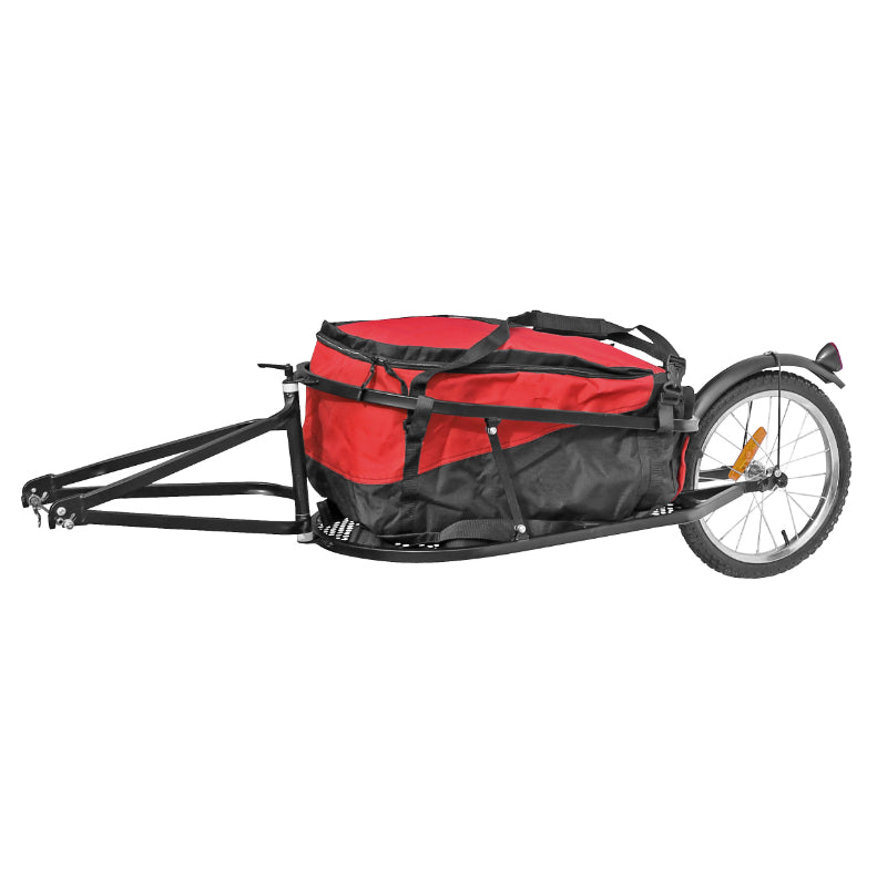 REMORQUE VELO A BAGAGE MAXI 27Kgs (DIMENSION CHARGEMENT L60xl35xH28) AVEC ROUE 16'' FIXATION BLOCAGE RAPIDE ROUE AR (50 LITRES) STRUCTURE ACIER - POIDS TOTAL 7.6kgs