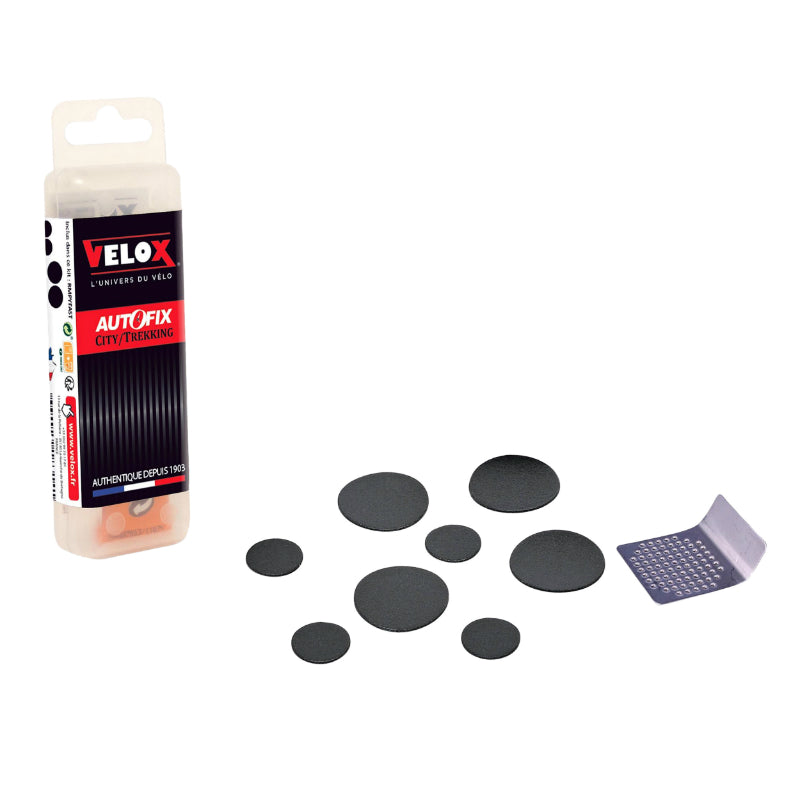 KIT REPARATION CHAMBRE A AIR VELOX AUTOCOLLANTES - BOITE (4 PATCHS 25mm + 4 PATCHS 15mm + RAPE ACIER) AVEC NOTICE