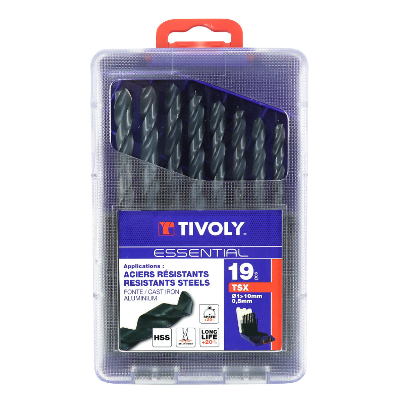 FORET TIVOLY TSX ACIER RAPIDE HSS DIAM 1 A 10 mm (PAR 0,5) (COFFRET 19 PIECES)