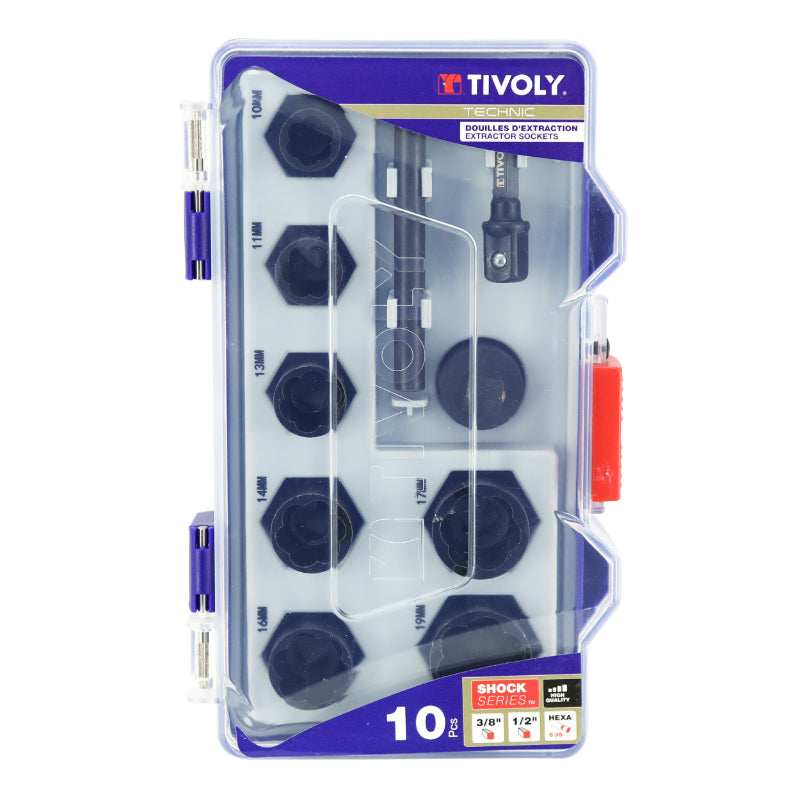 DOUILLE D'EXTRACTION TIVOLY 3-8 DIAM 10 A 19 mm AVEC ADAPTATEUR (COFFRET 10 PIECES)