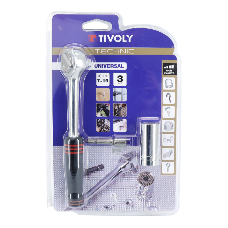 CLE A CLIQUET + PORTE EMBOUT ET DOUILLE UNIVERSELLE TIVOLY DIAM 7 A 19 mm  (BLISTER 3 PIECES)