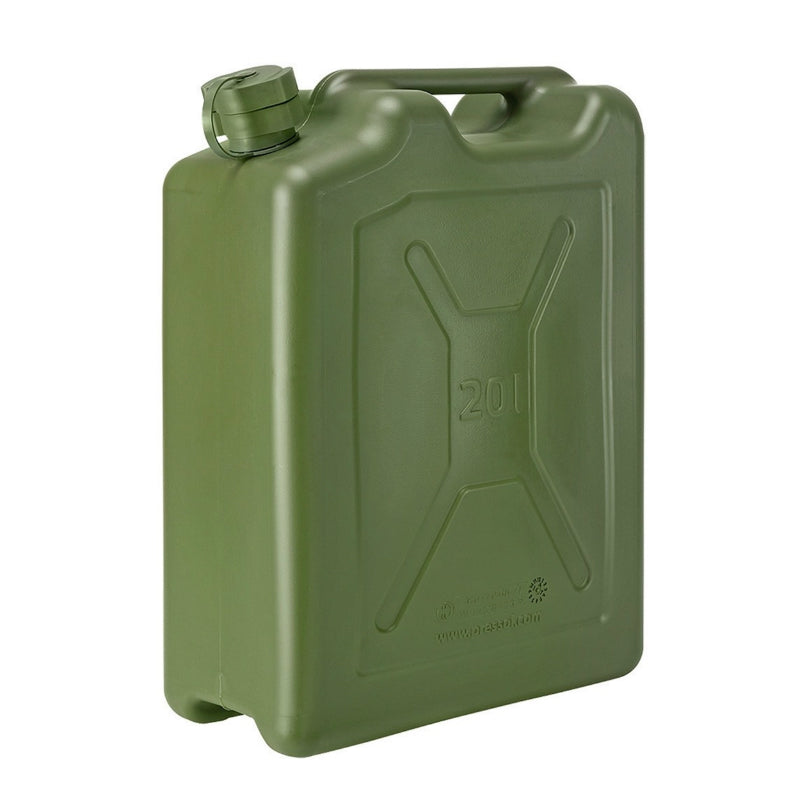 JERRYCAN-PRESSOL BENZINEKAN IN LEGERGROEN POLYETHYLEEN US TYPE MET FLEXIBELE TUIT 20L