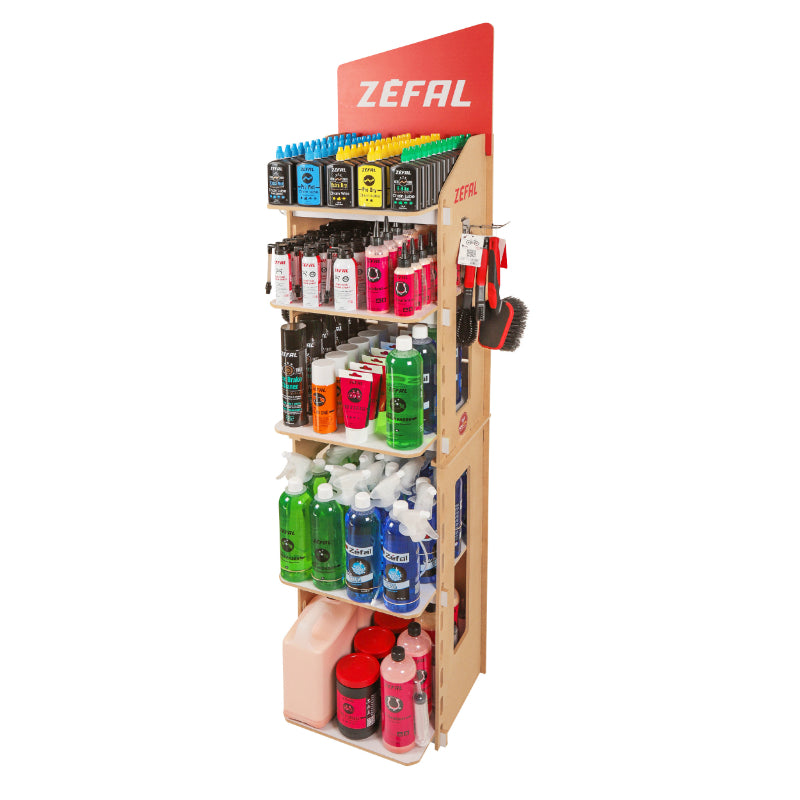 ZEFAL HOUT POS DISPLAY (AFMETINGEN L 40 mm - B 40 mm - h 190 mm) MET 60 SMEERMIDDELEN, 25 ANTI-LEK SPRAY, 16 PREVENTIEVE MIDDELEN, 14 REINIGINGSMIDDELEN EN DIVERSEN (ZIE DETAILS IN ARGUMENTAIR)