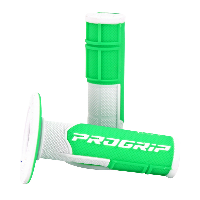 REVETEMENT POIGNEE PROGRIP MOTO OFF ROAD 801 DOUBLE DENSITE FLUO DESIGN BLANC-VERT FLUO CLOSED END 115mm (CROSS-MX) (PAIRE)