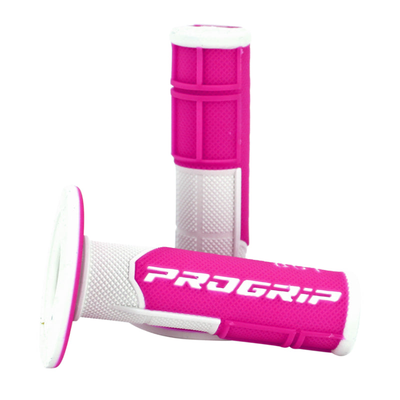 REVETEMENT POIGNEE PROGRIP MOTO OFF ROAD 801 DOUBLE DENSITE FLUO DESIGN BLANC-FUCHSIA FLUO CLOSED END 115mm (CROSS-MX) (PAIRE)