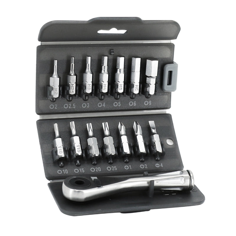 INBUSSLEUTEL TOOLKIT RVS RATELSLEUTEL MET CHC 2-2.5-3-4-5-6-8 TORX T10-T15-T20-T25 BITS EN 3 SCHROEVENDRAAIERS (SET VAN 14 STUKS)